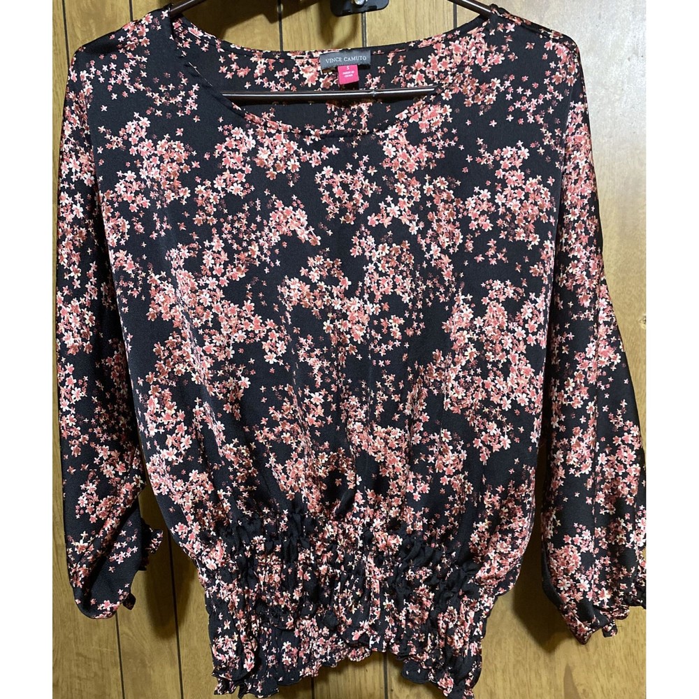 VINCE CAMUTO Long Sleeve Smocked Waist Blouse Women's Small Black & Floral